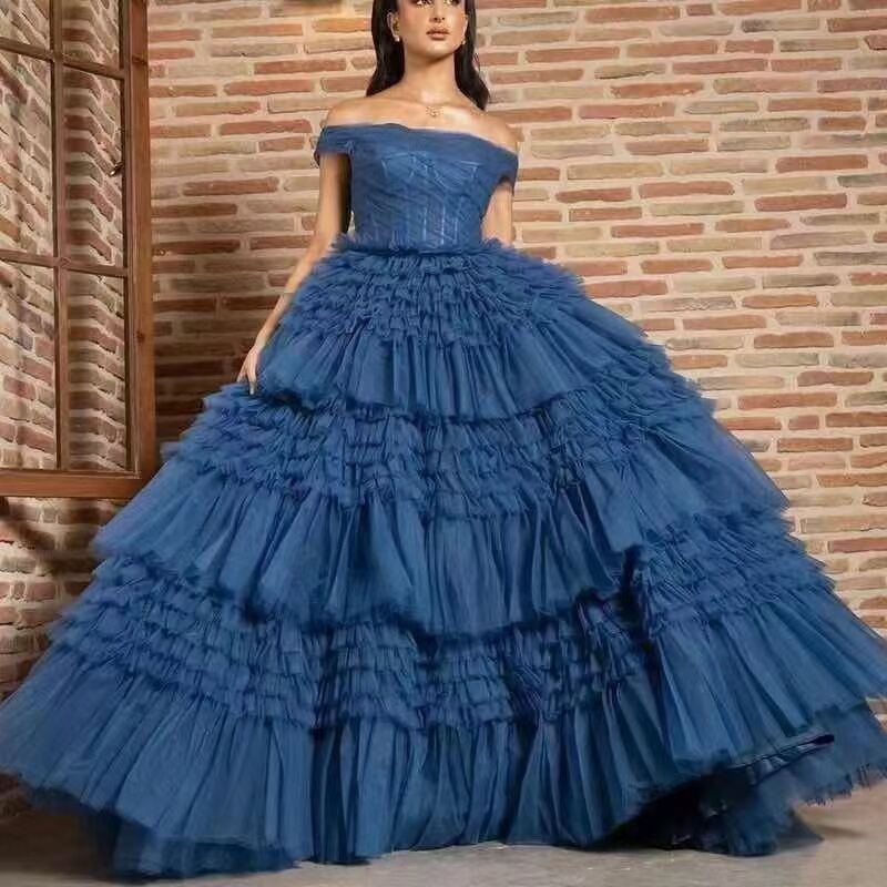 Bridal Wedding One Line Neck Lacquer Mesh Dress Blue 0 - Tophatter Daily Deals