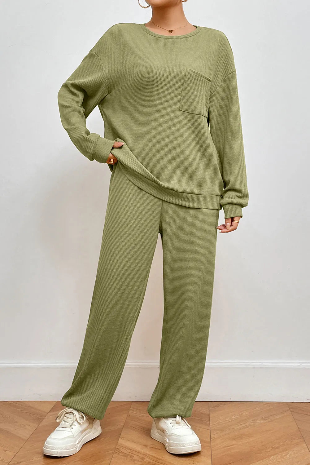 Pocketed Round Neck Top and Pants Lounge Set Matcha Green Loungewear Sets - Tophatter Daily Deals