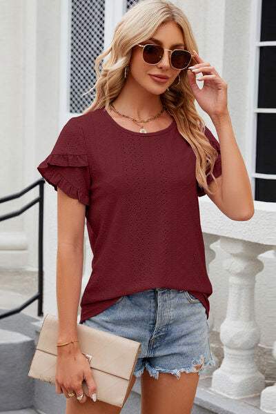 Eyelet Round Neck Petal Sleeve T-Shirt Brick Red Women's T-Shirts - Tophatter Daily Deals