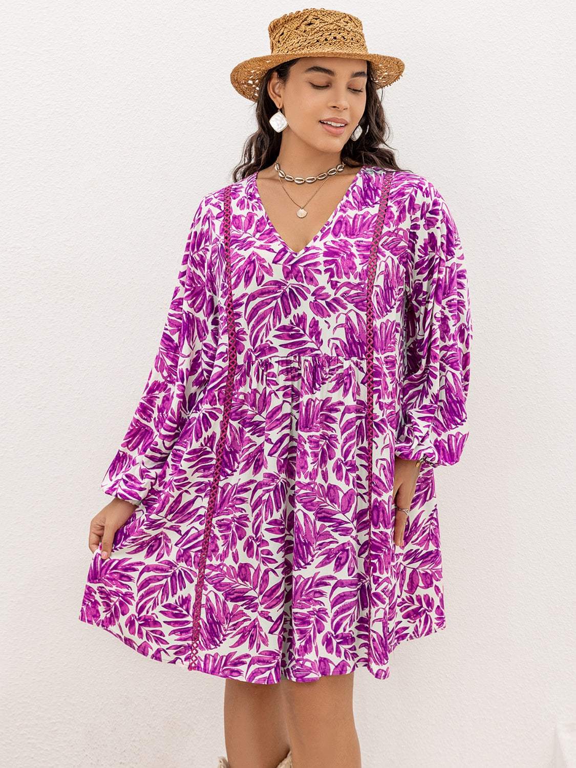 Plus Size Printed V-Neck Balloon Sleeve Mini Dress Fuchsia Casual Dresses - Tophatter Daily Deals