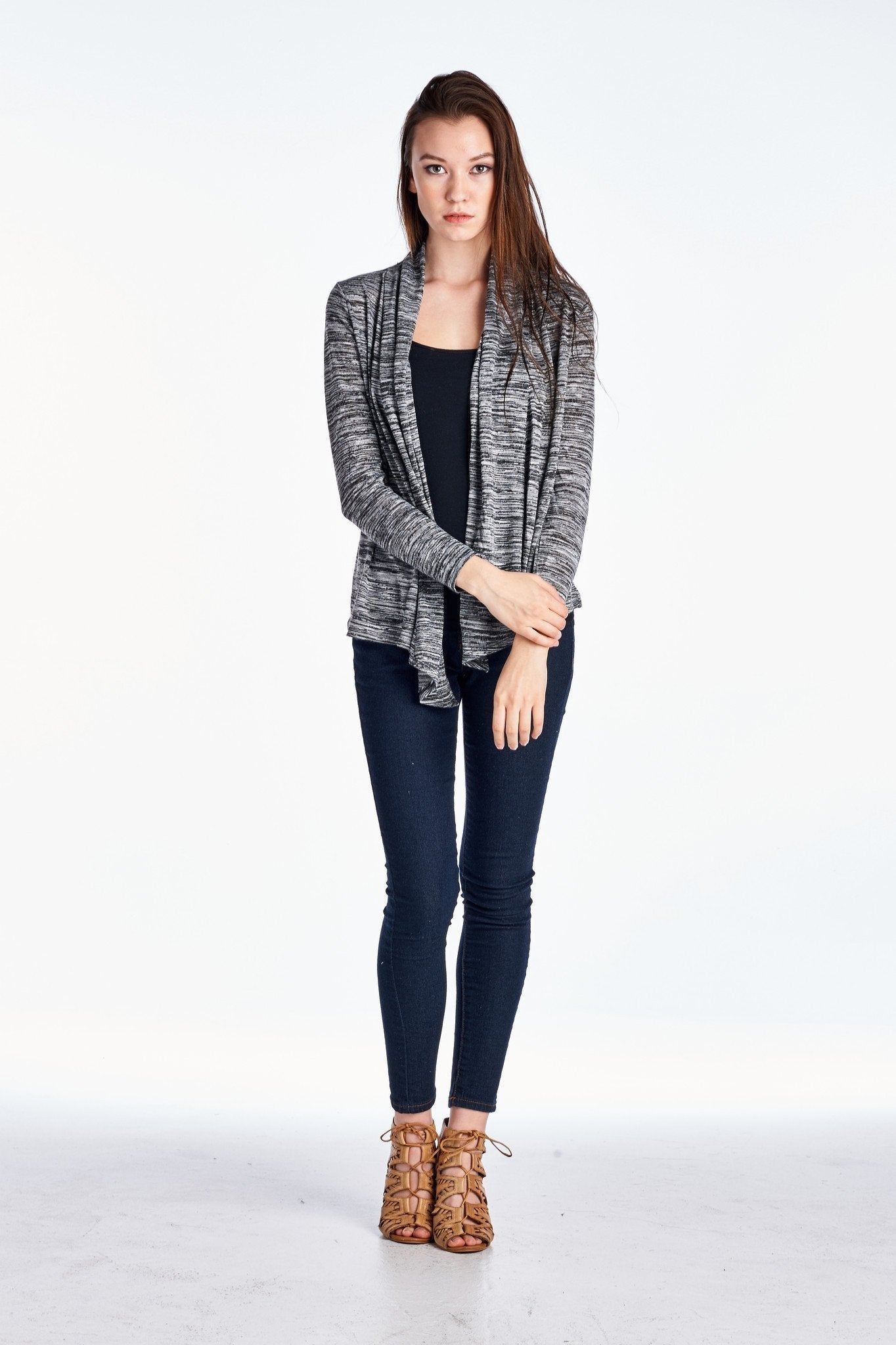 Women's Long Sleeve Black & Grey Melange Knit Open Cardigan Cardigan - Tophatter Daily Deals