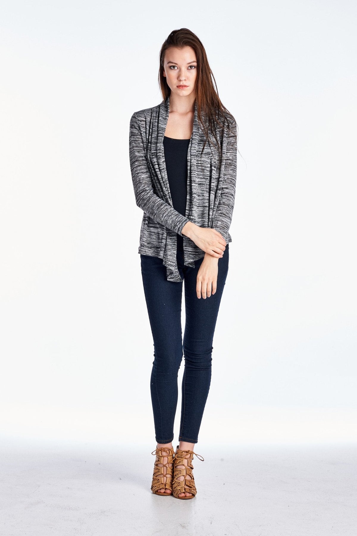 Women's Long Sleeve Black & Grey Melange Knit Open Cardigan Cardigan - Tophatter Daily Deals