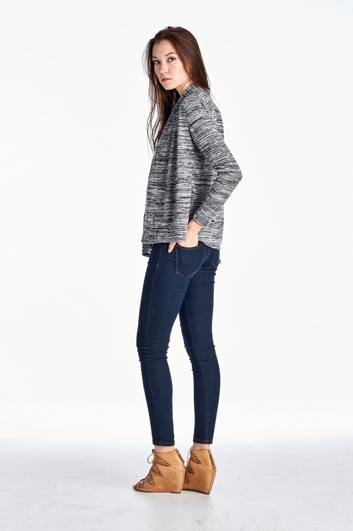Women's Long Sleeve Black & Grey Melange Knit Open Cardigan Cardigan - Tophatter Daily Deals