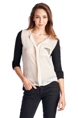 Women's Knit to Woven Colorblock Top with Pocket Heat Transfer Black & Cream Tops - Tophatter Daily Deals