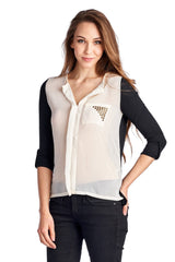Women's Knit to Woven Colorblock Top with Pocket Heat Transfer Tops - Tophatter Daily Deals