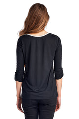 Women's Knit to Woven Colorblock Top with Pocket Heat Transfer Tops - Tophatter Daily Deals