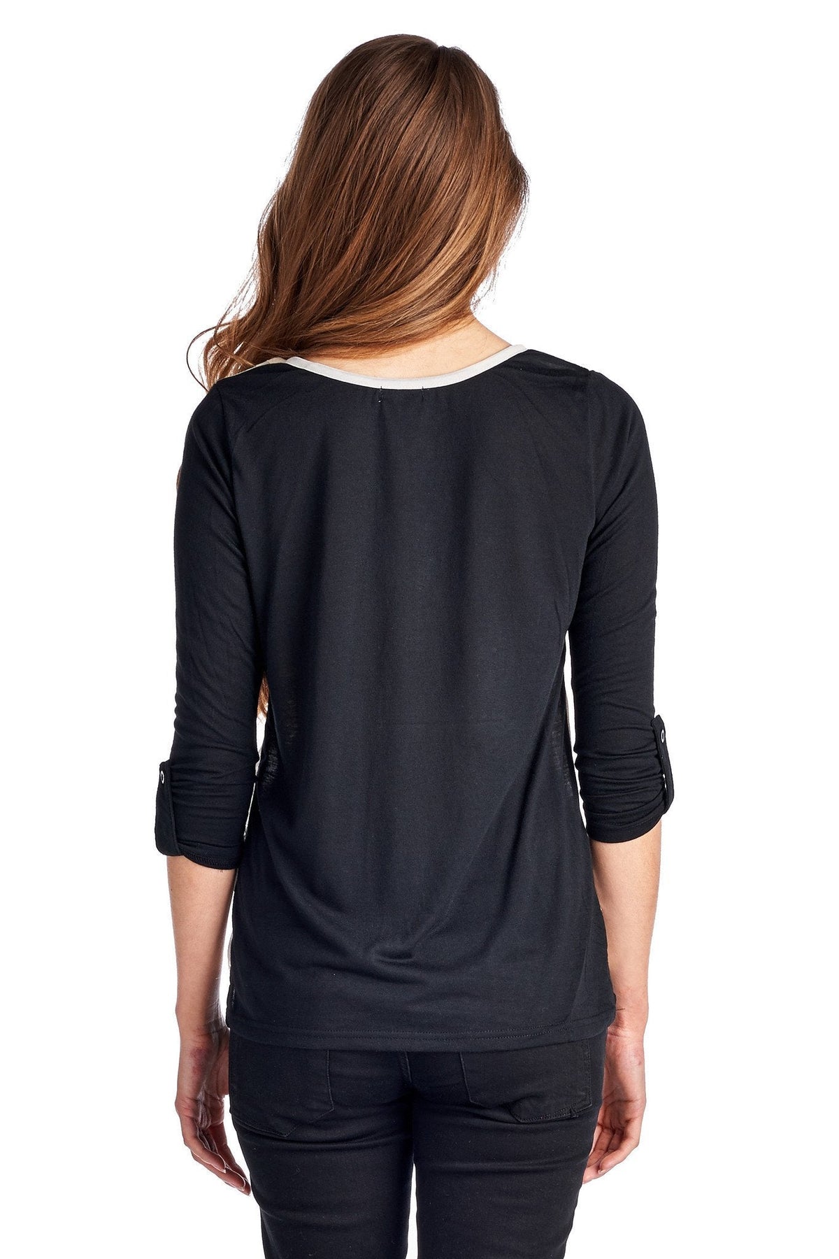 Women's Knit to Woven Colorblock Top with Pocket Heat Transfer Tops - Tophatter Daily Deals
