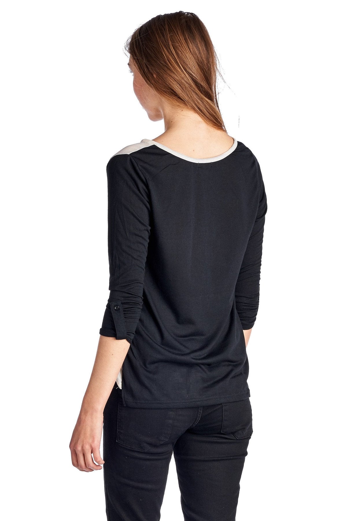 Women's Knit to Woven Colorblock Top with Pocket Heat Transfer Tops - Tophatter Daily Deals