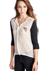 Women's Knit to Woven Colorblock Top with Pocket Heat Transfer Tops - Tophatter Daily Deals