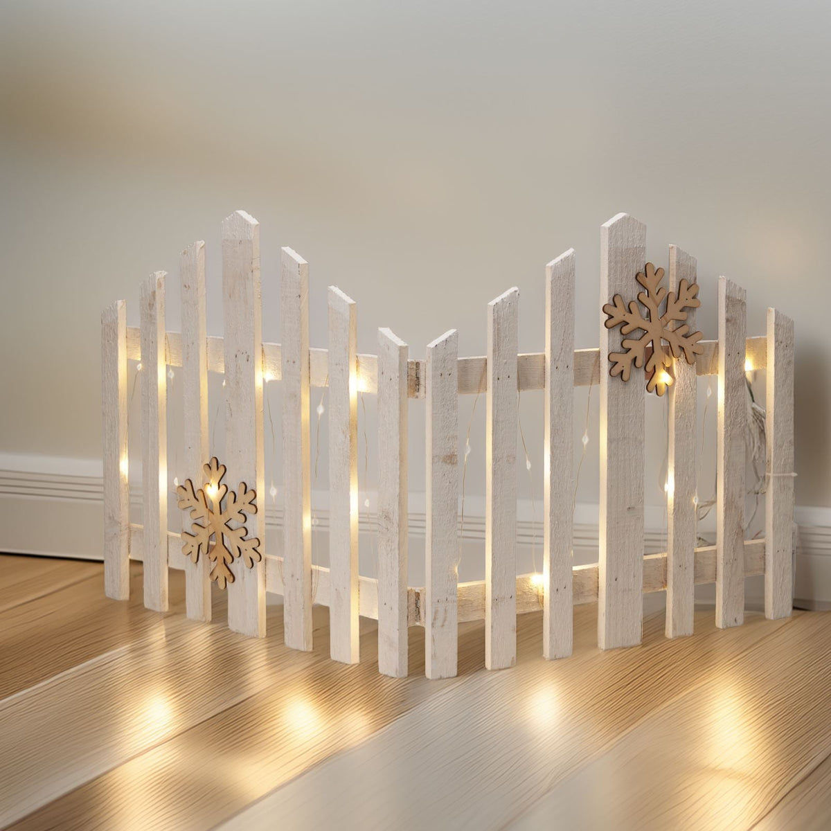 Snowflake LED Light Up Christmas Tree Fence | White Wooden Picket Fence Skirt | Festive Xmas Tree Decoration - 76 x 38cm Tree Skirt - Tophatter Daily Deals