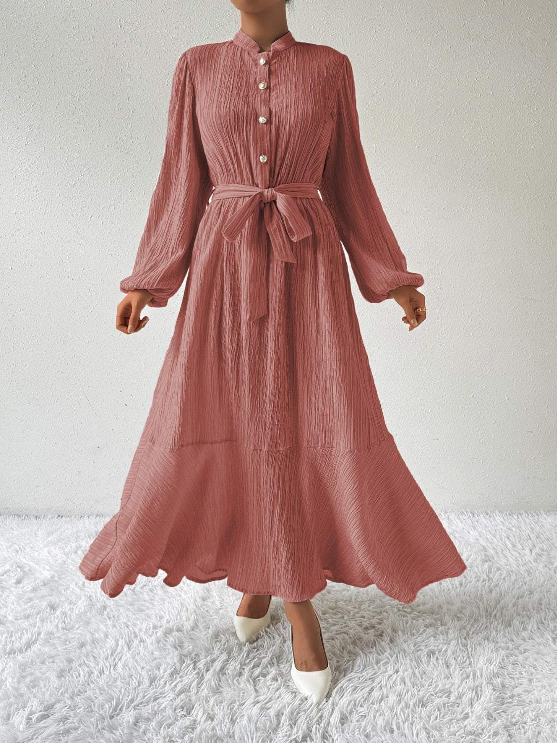 Tie Waist Long Sleeve Dress Dusty Pink Casual Dresses - Tophatter Daily Deals