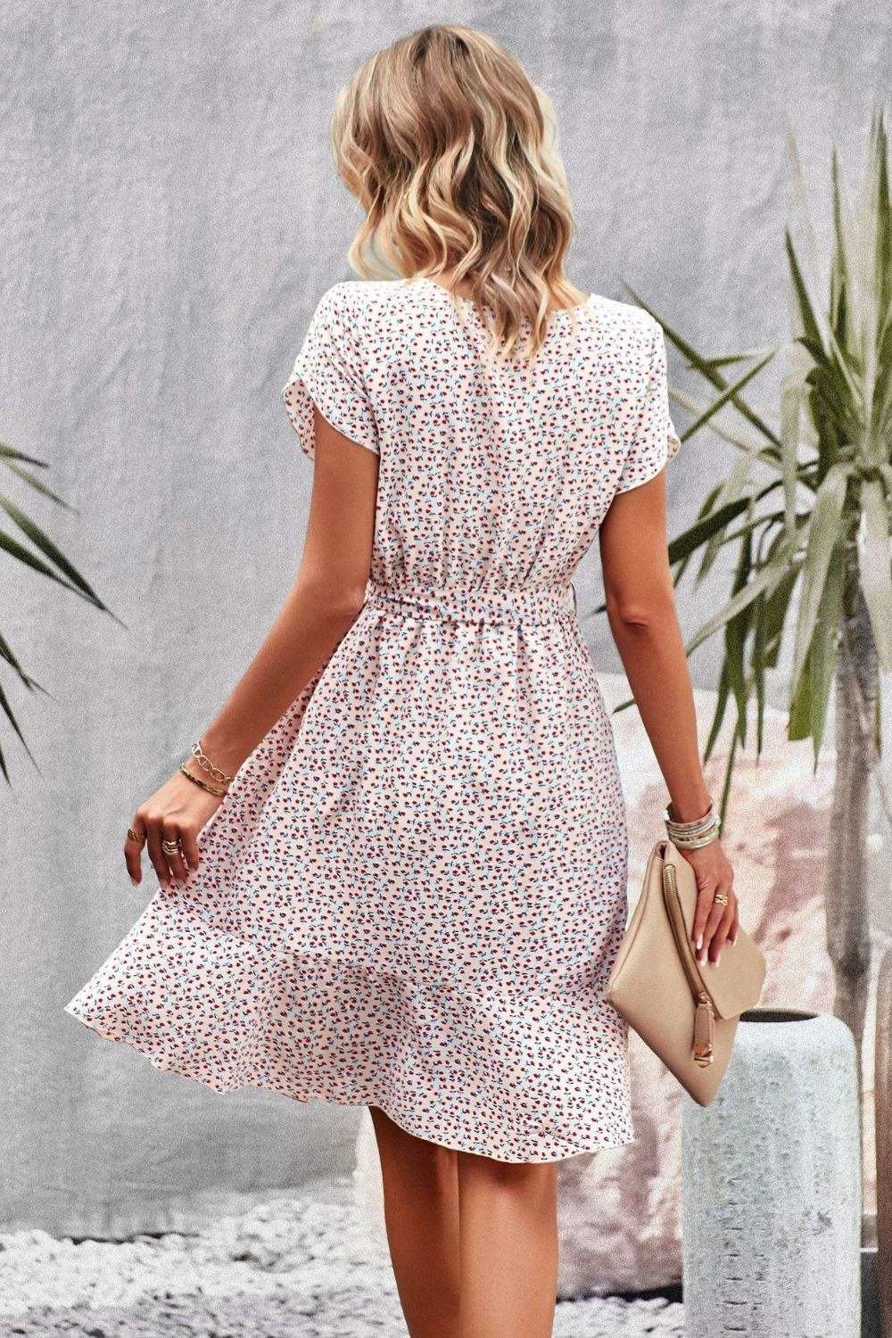 Belted Round Neck Petal Sleeve Mini Dress Casual Dresses - Tophatter Daily Deals