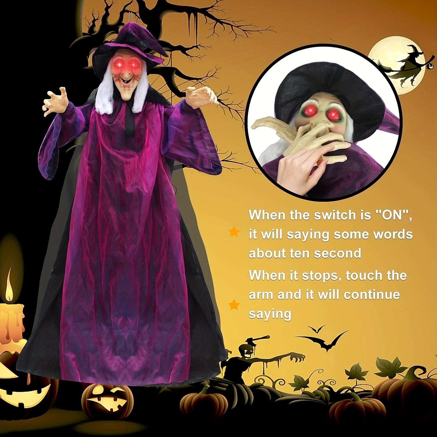 Animated Hanging Witch with Light-Up Eyes Halloween - Tophatter Daily Deals