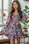 Printed V-Neck Long Sleeve Mini Dress Multicolor Casual Dresses - Tophatter Daily Deals