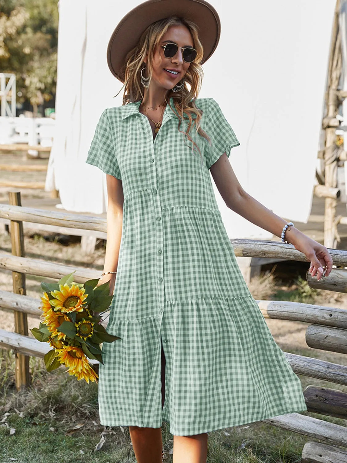 Button Up Plaid Short Sleeve Midi Dress Gum Leaf Casual Dresses - Tophatter Daily Deals