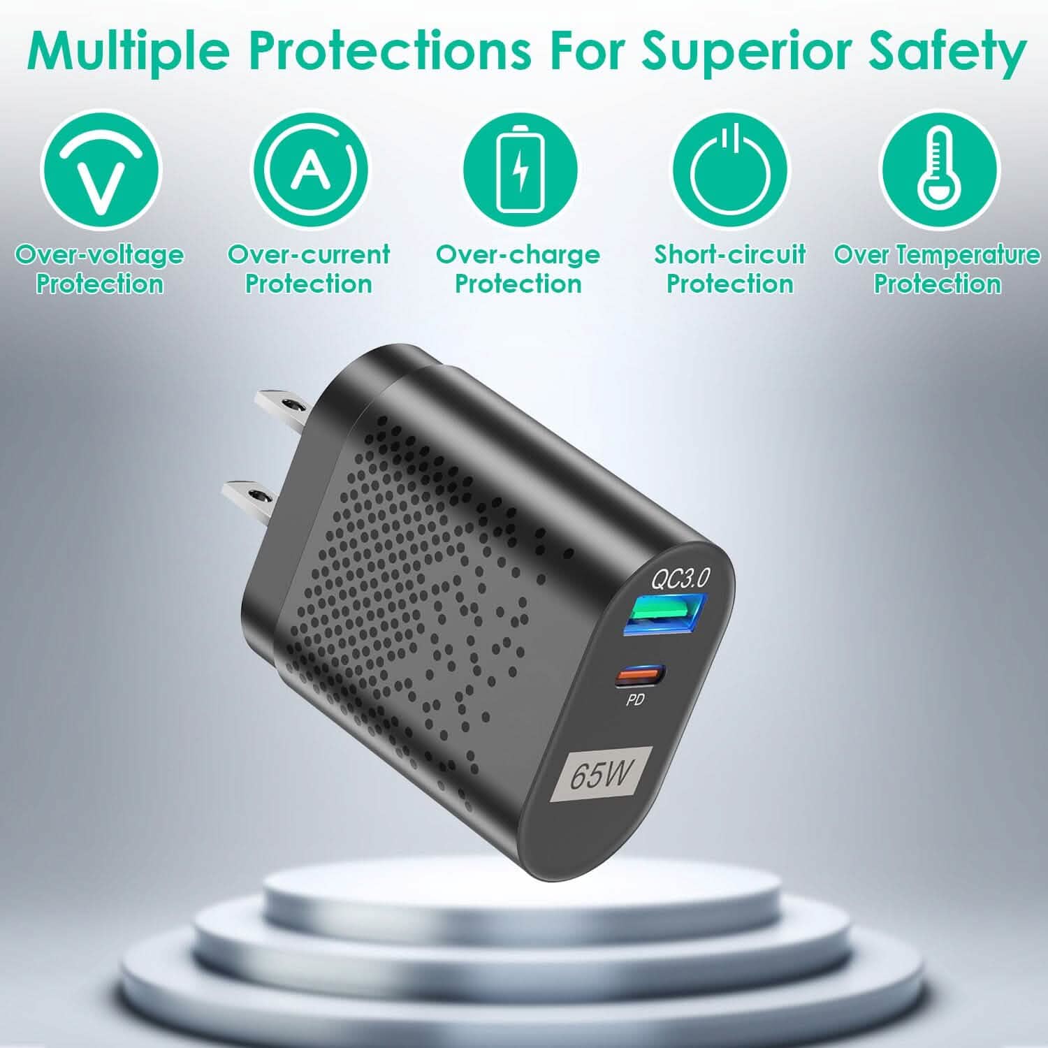 65W Type C Fast Wall Charger PD QC3.0 Adapter Mobile Accessories - Tophatter Daily Deals