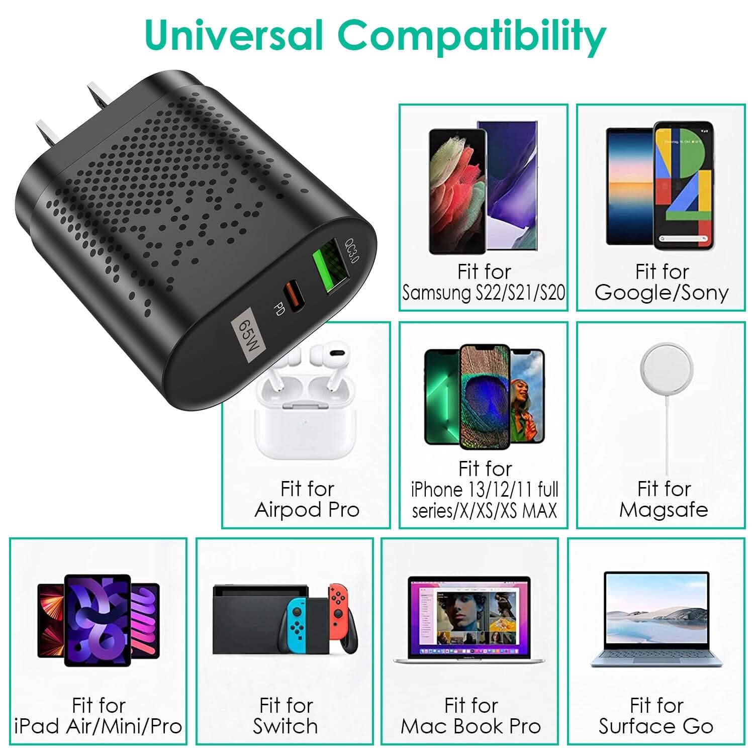 65W Type C Fast Wall Charger PD QC3.0 Adapter Mobile Accessories - Tophatter Daily Deals