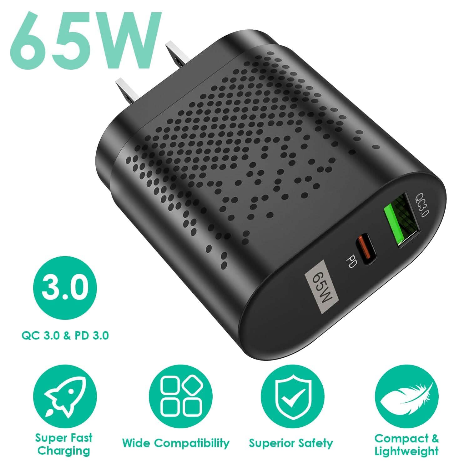 65W Type C Fast Wall Charger PD QC3.0 Adapter Mobile Accessories - Tophatter Daily Deals