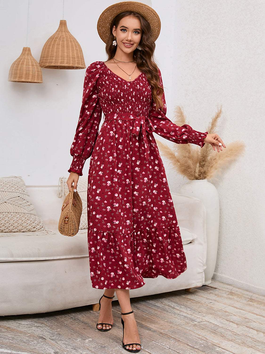 Smocked V-Neck Tie Belt Dress Deep Red Casual Dresses - Tophatter Daily Deals