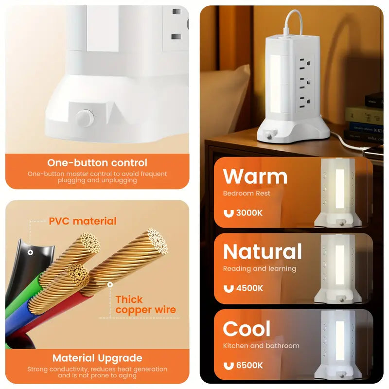 14-in-1 Power Strip Tower with 4 USB Ports & 9 AC Outlets, 10ft Extension Cable, Adjustable 3-Color Night Light Electronics - Tophatter Daily Deals