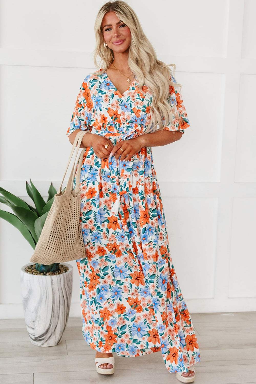 Tied Slit Printed Half Sleeve Maxi Dress Casual Dresses - Tophatter Daily Deals