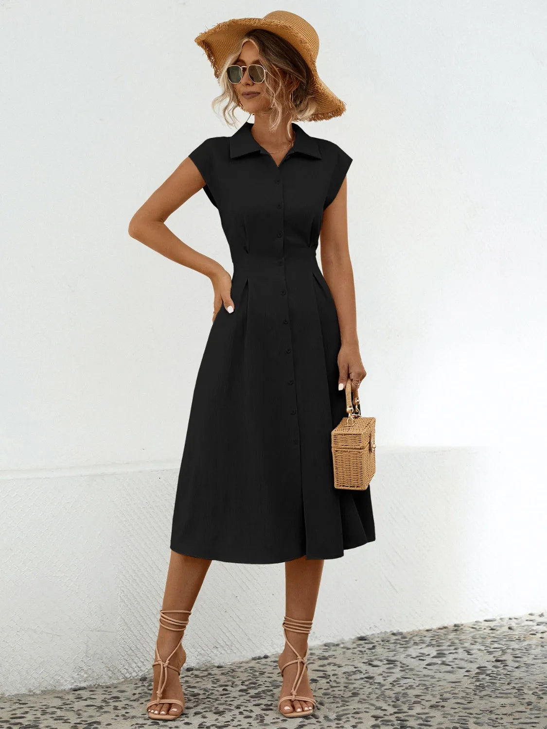 Button Up Cap Sleeve Midi Dress Casual Dresses - Tophatter Daily Deals