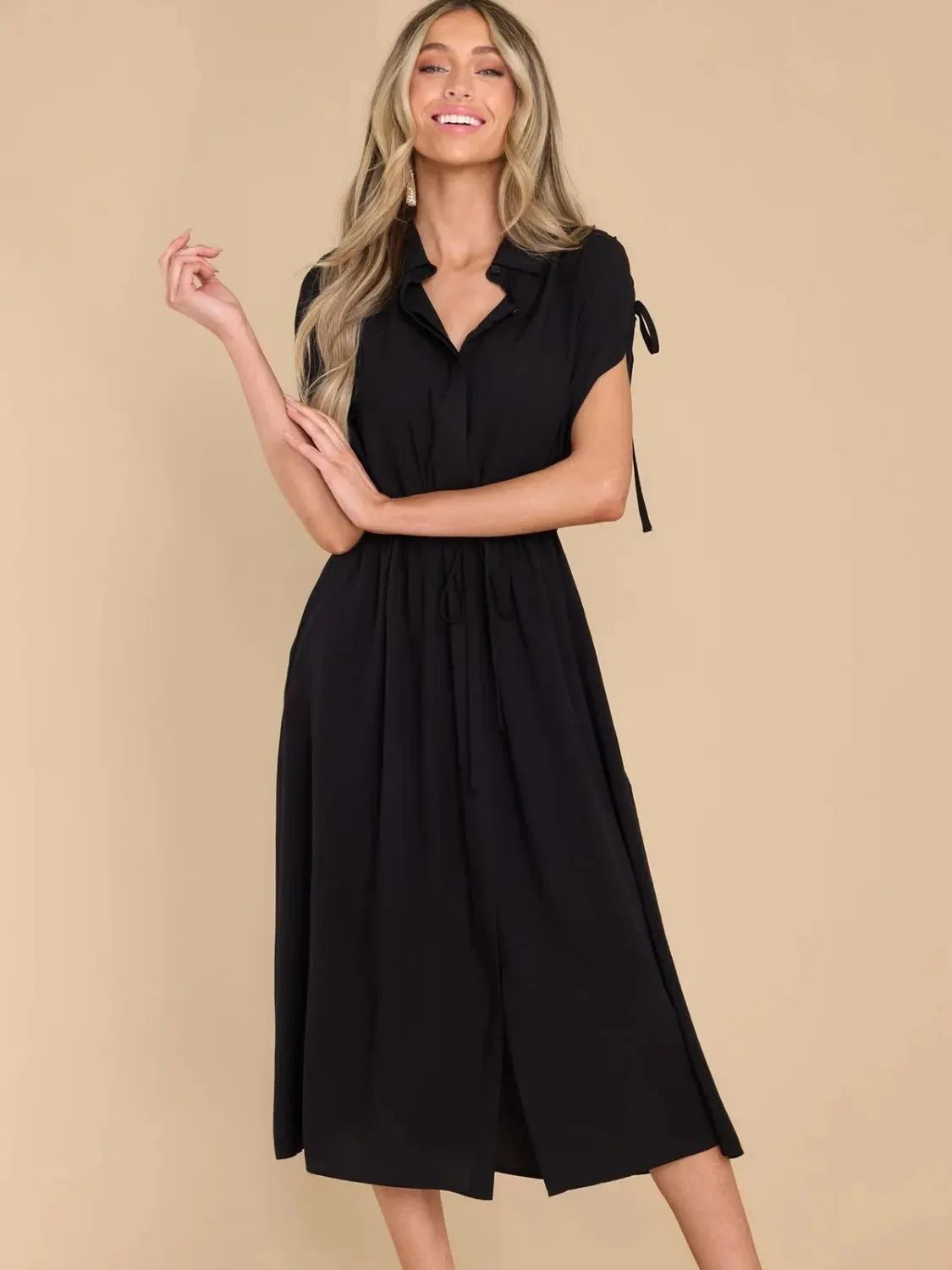 Drawstring Collared Neck Short Sleeve Midi Dress Casual Dresses - Tophatter Daily Deals