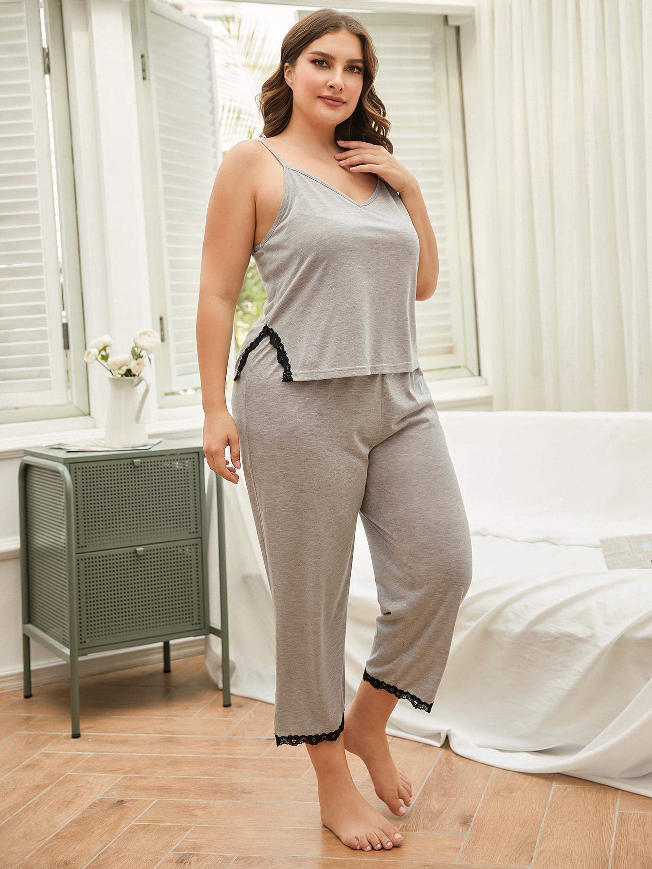 Plus Size Lace Trim Slit Cami and Pants Pajama Set Loungewear Sets - Tophatter Daily Deals