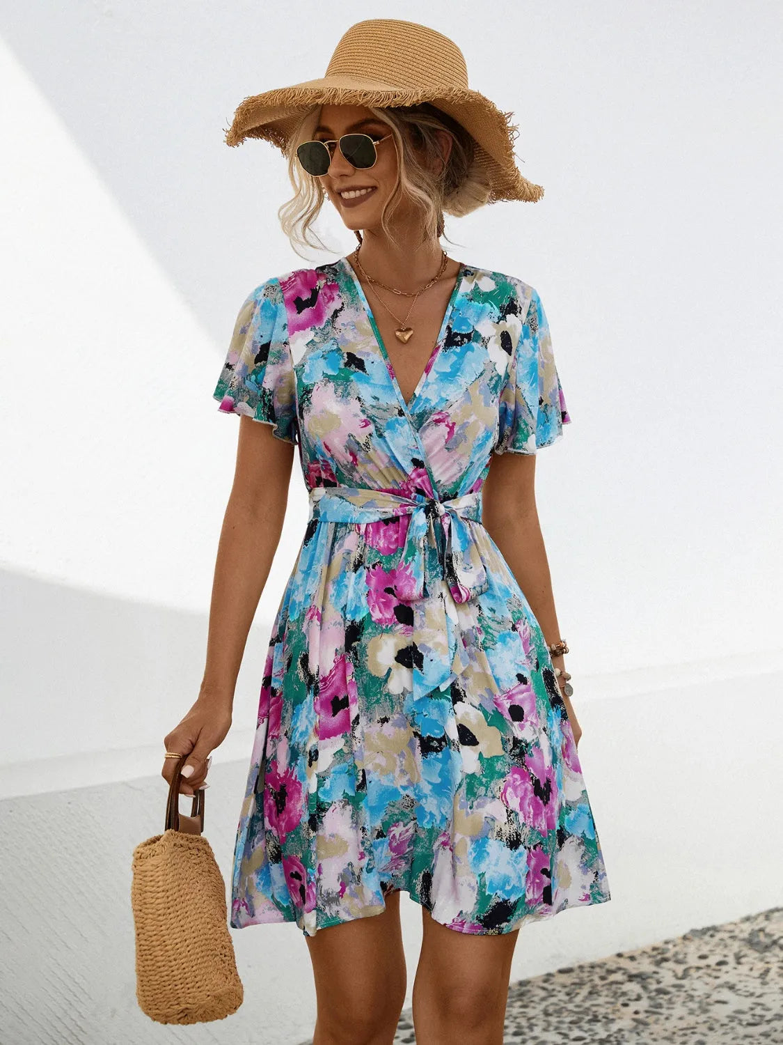 Printed Surplice Tie Waist Mini Dress Casual Dresses - Tophatter Daily Deals