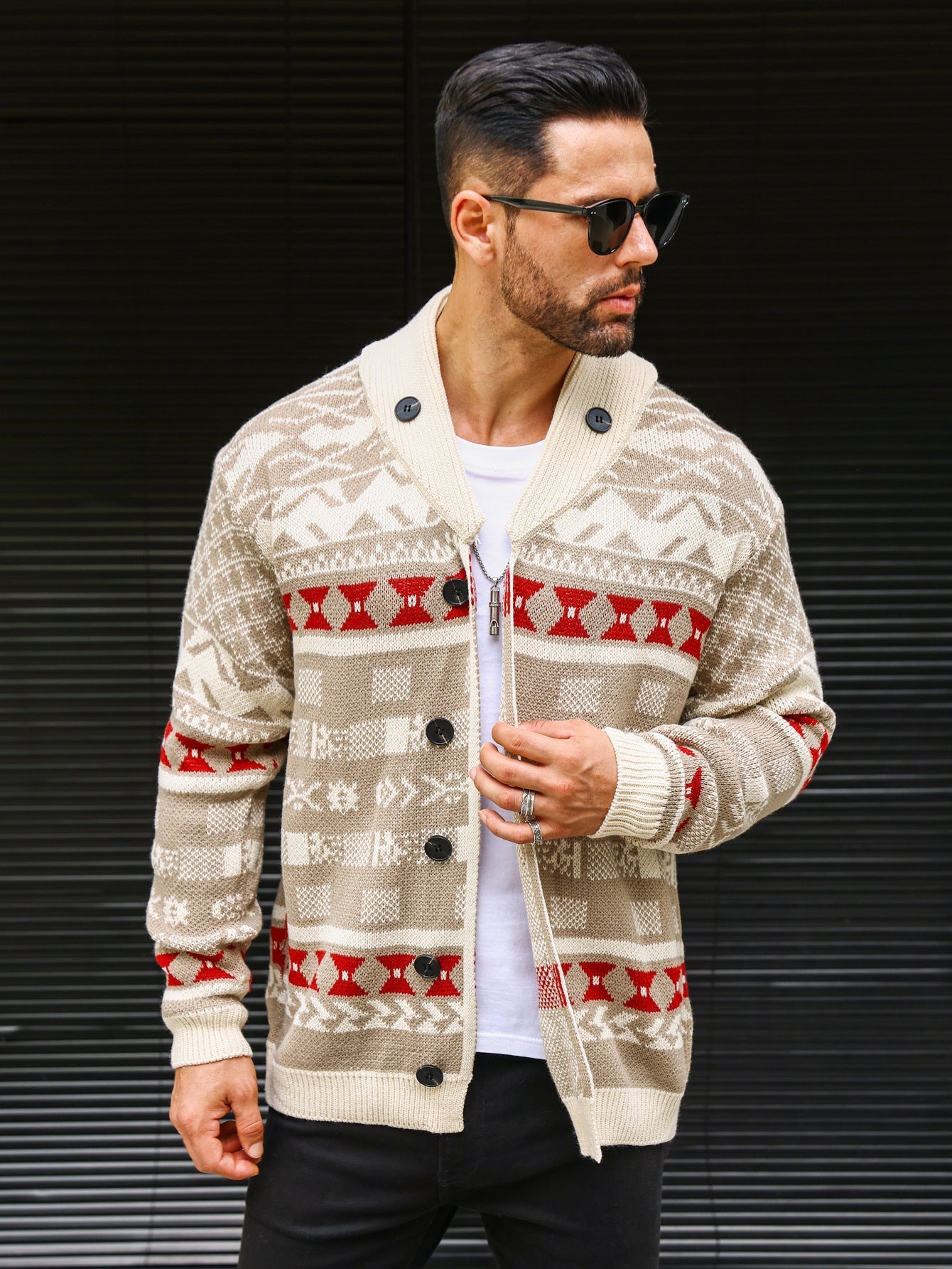 Warm Textured Men's Sweater Coat - Shawl Collar, Thick Knit 3D Changing Face Moving Picture Frame - Tophatter Daily Deals
