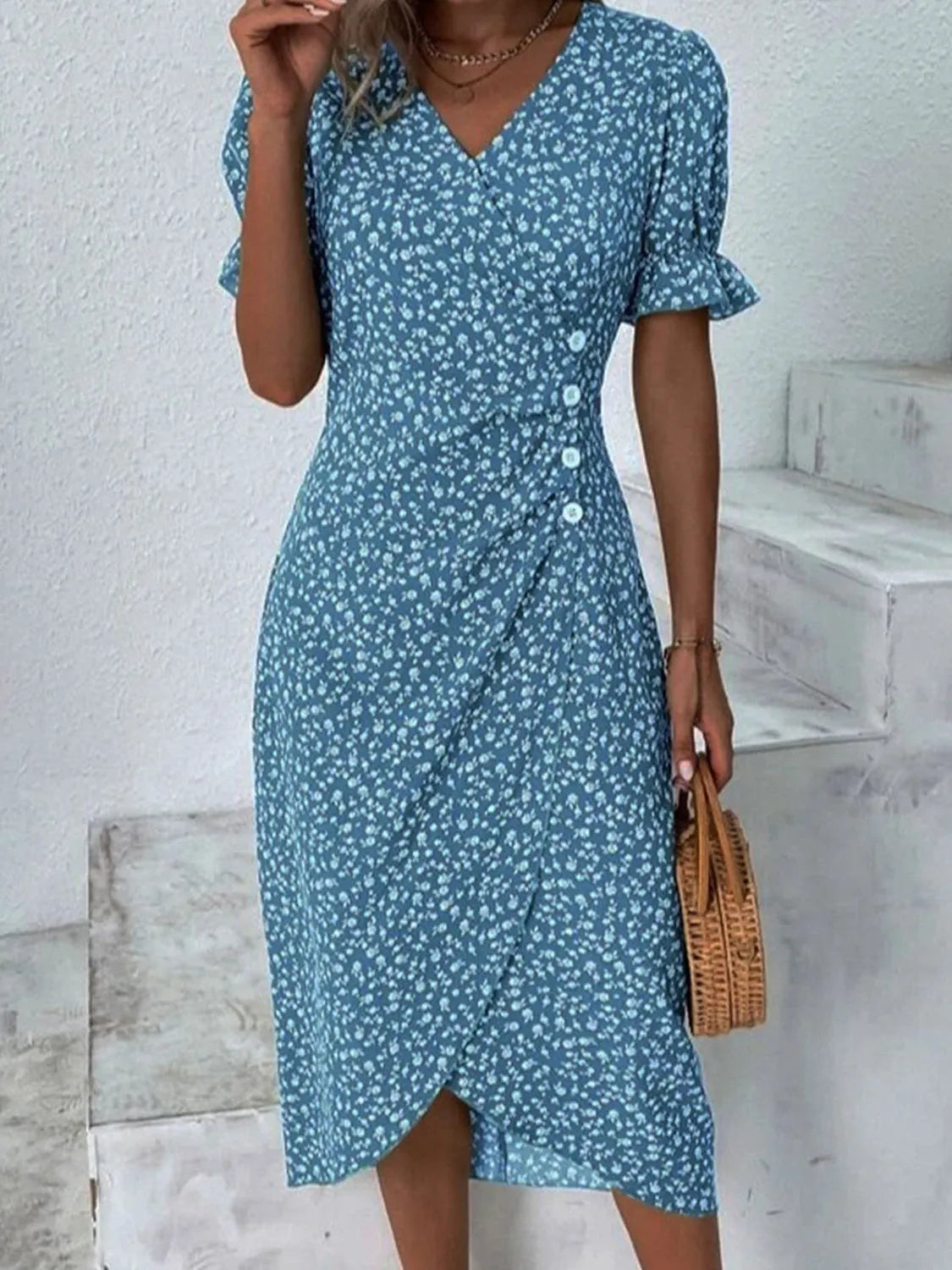 Full Size Printed Surplice Flounce Sleeve Midi Dress Cerulean Casual Dresses - Tophatter Daily Deals