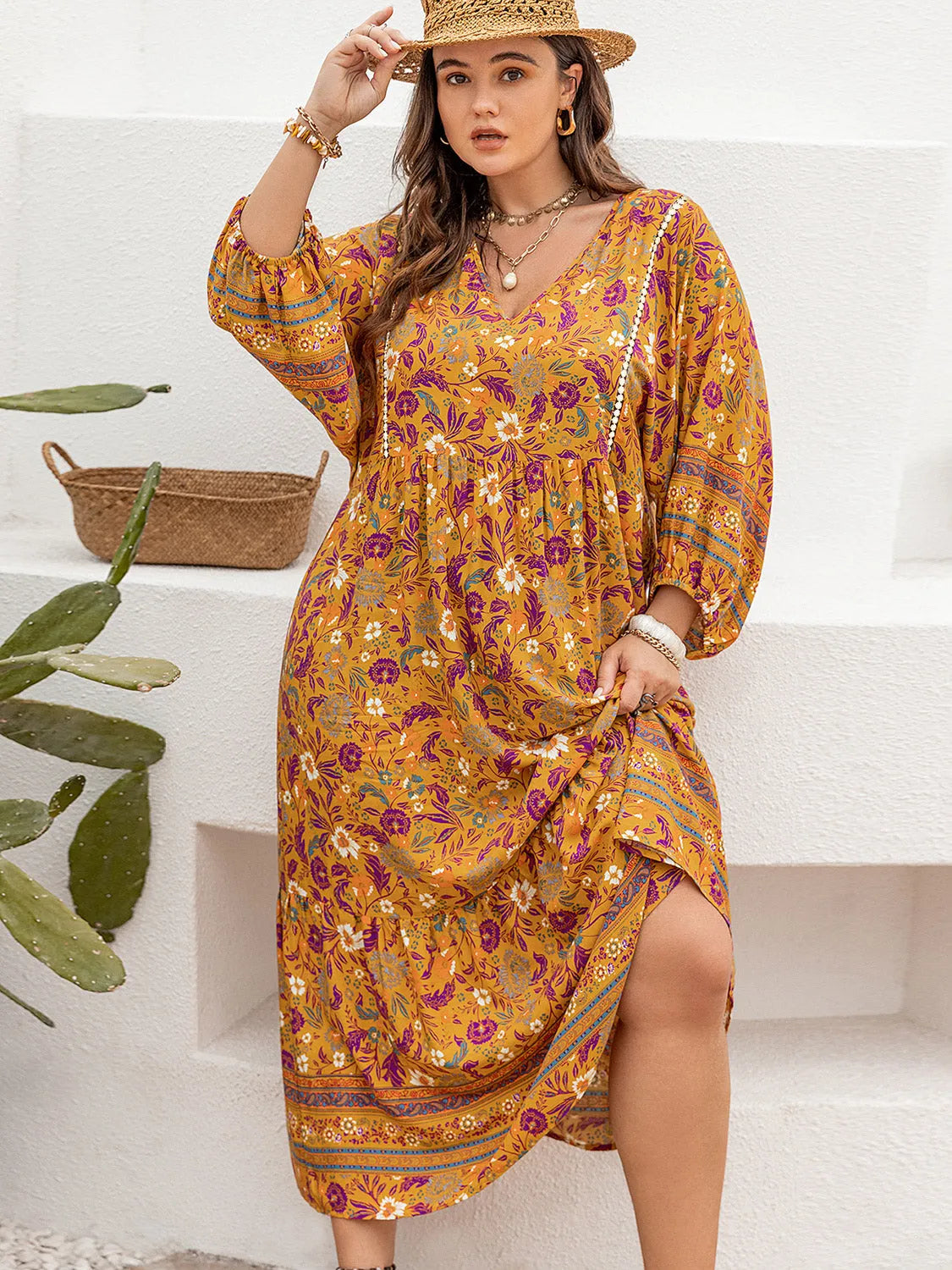 Plus Size Floral V-Neck Balloon Sleeve Midi Dress Casual Dresses - Tophatter Daily Deals