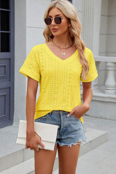 Eyelet V-Neck Short Sleeve T-Shirt Canary Yellow Women's T-Shirts - Tophatter Daily Deals