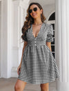 Decorative Button Plaid Short Sleeve Dress Black Casual Dresses - Tophatter Daily Deals