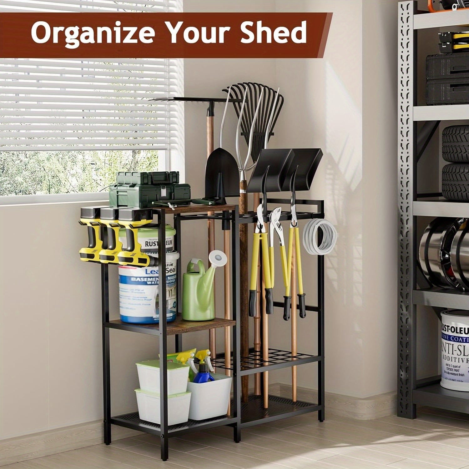 Garden Tool Rack with Wooden Shelves Outdoor & Garden Decor - Tophatter Daily Deals