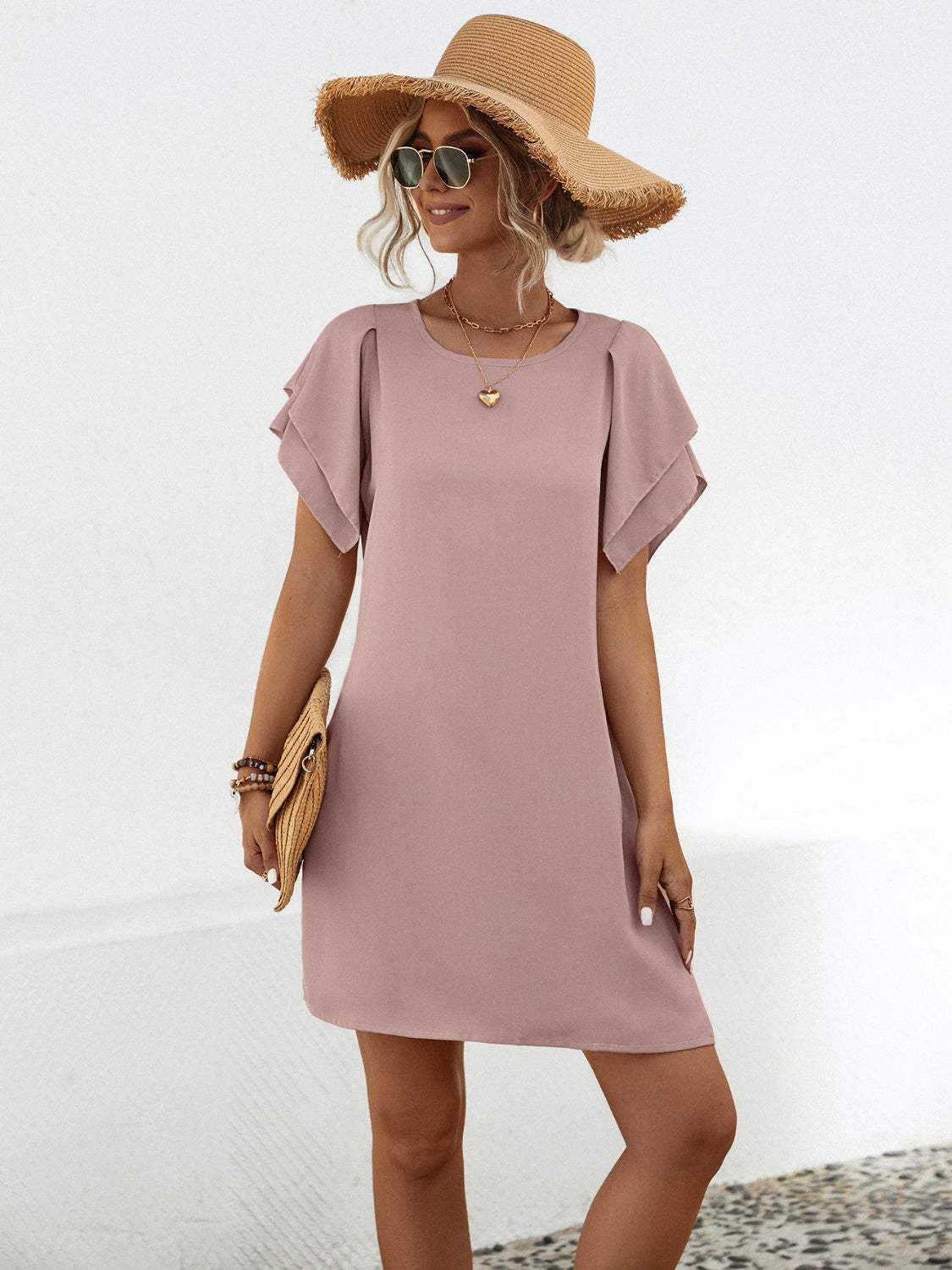 Round Neck Flutter Sleeve Mini Dress Casual Dresses - Tophatter Daily Deals