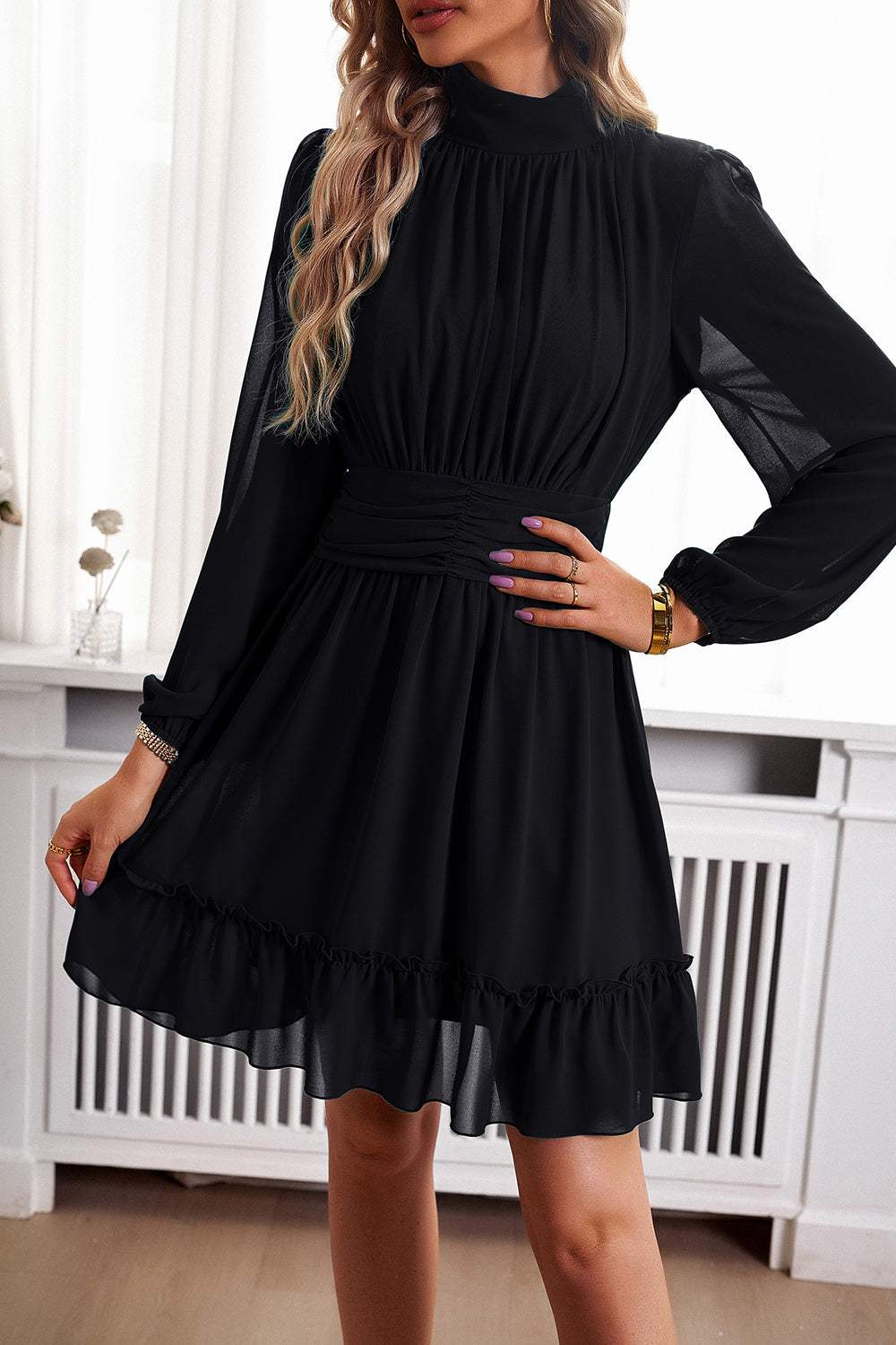 Frill Ruched Mock Neck Balloon Sleeve Dress Casual Dresses - Tophatter Daily Deals