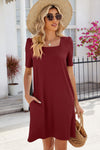 Pocketed Square Neck Short Sleeve Dress Wine Casual Dresses - Tophatter Daily Deals