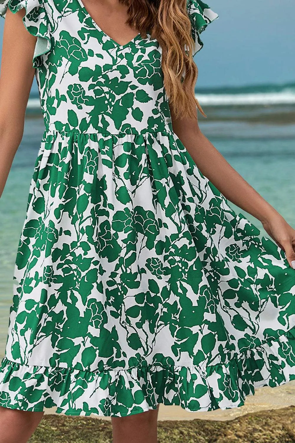 Ruffled Printed V-Neck Cap Sleeve Dress Casual Dresses - Tophatter Daily Deals