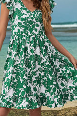 Ruffled Printed V-Neck Cap Sleeve Dress Casual Dresses - Tophatter Daily Deals
