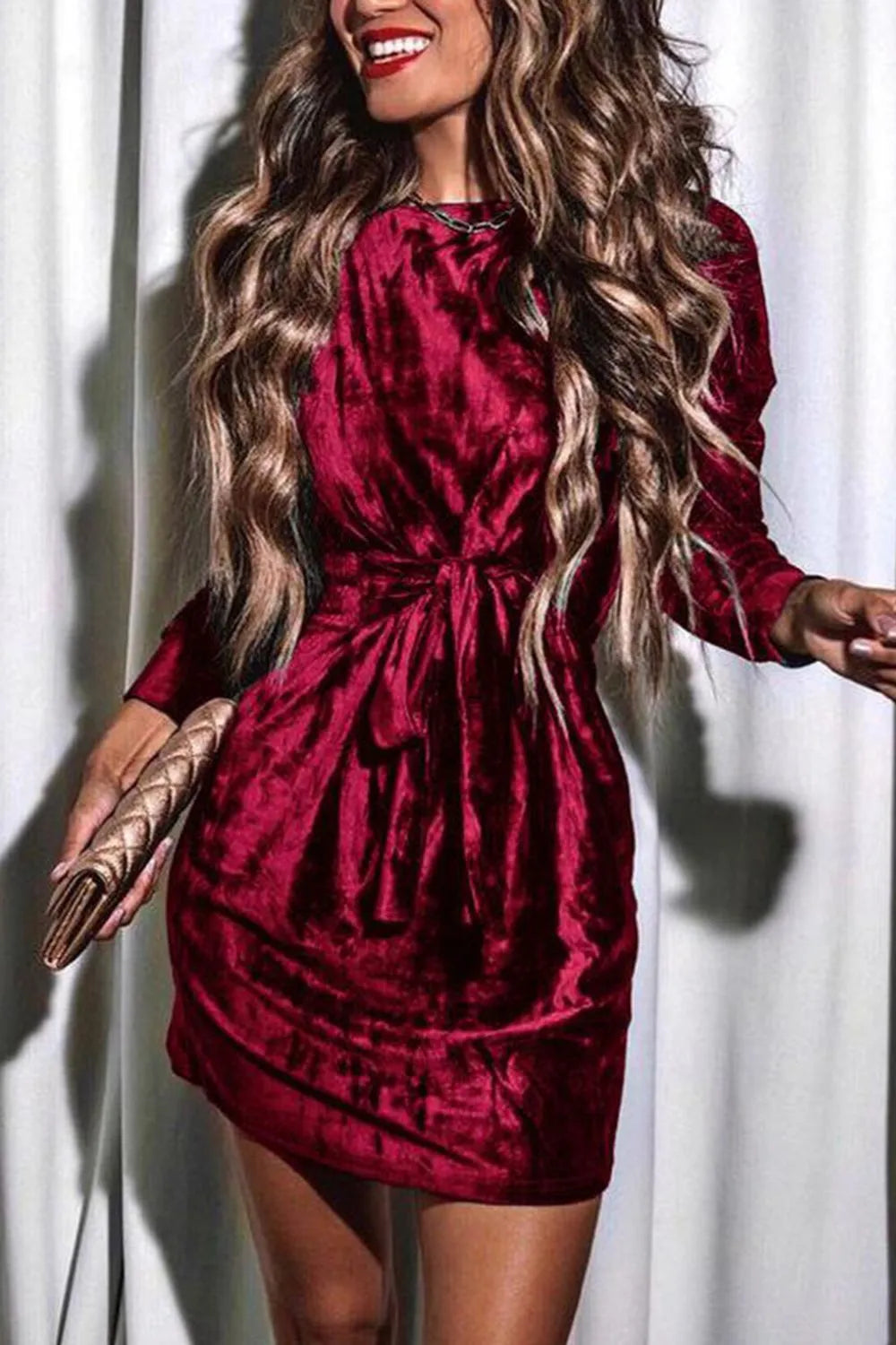 Tied Round Neck Long Sleeve Dress Wine Cocktail Dresses - Tophatter Daily Deals