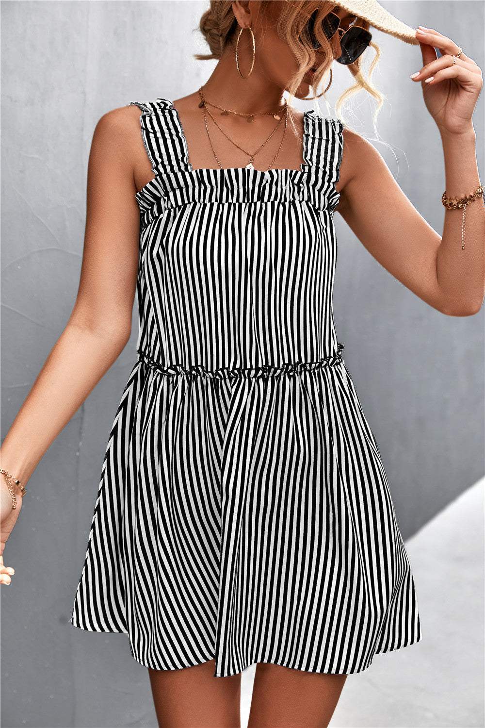 Striped Frill Trim Square Neck Dress Casual Dresses - Tophatter Daily Deals