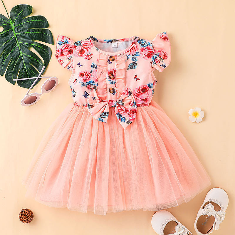 Baby Girl Printed Mesh Dress Sweet And Cute Flying Sleeves Pink 0 - Tophatter Daily Deals