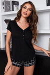 Short Sleeve Henley Top and Grid Shorts Lounge Set Loungewear Sets - Tophatter Daily Deals