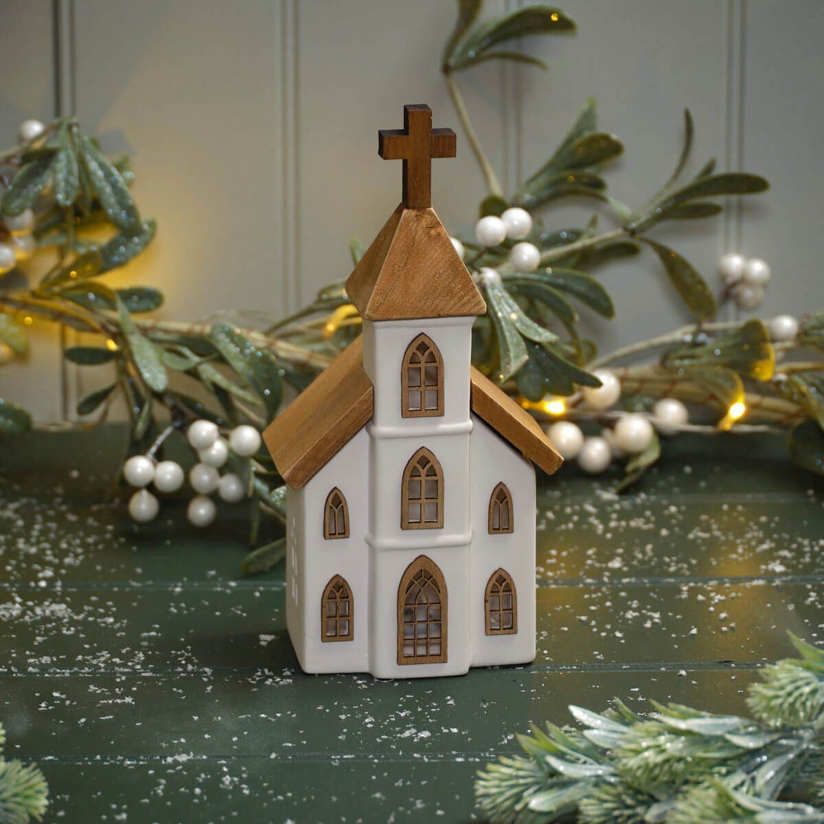 LED Ceramic Christmas Church | Light Up Ceramic & Wood Chapel Ornament - 23cm LED Light - Tophatter Daily Deals