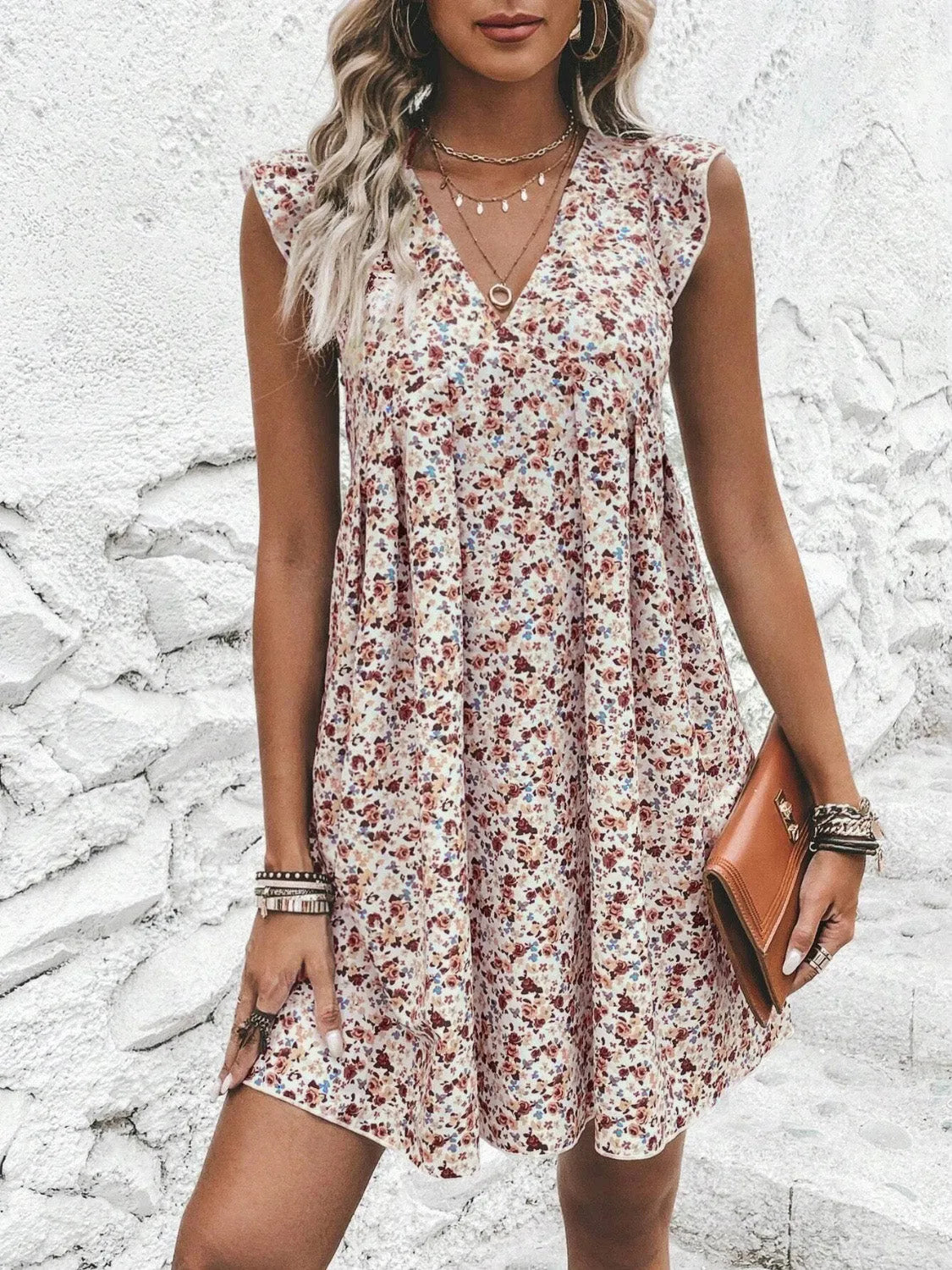 Printed V-Neck Cap Sleeve Mini Dress Casual Dresses - Tophatter Daily Deals