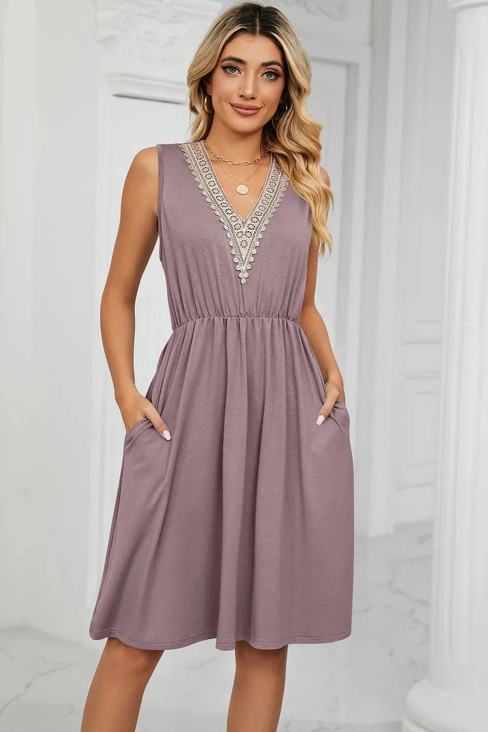 Pocketed V-Neck Wide Strap Dress Casual Dresses - Tophatter Daily Deals