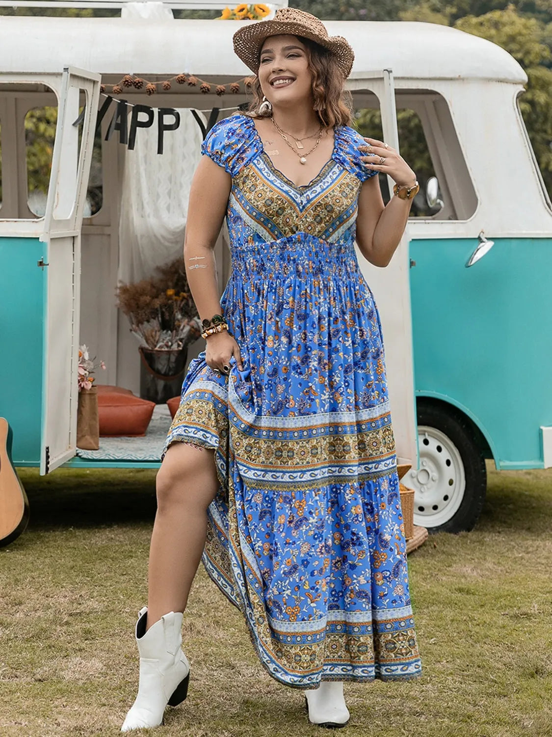 Plus Size Smocked Printed Cap Sleeve Dress Blue Casual Dresses - Tophatter Daily Deals