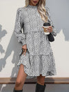 Perfee Frill Printed Mock Neck Long Sleeve Mini Dress White Casual Dresses - Tophatter Daily Deals