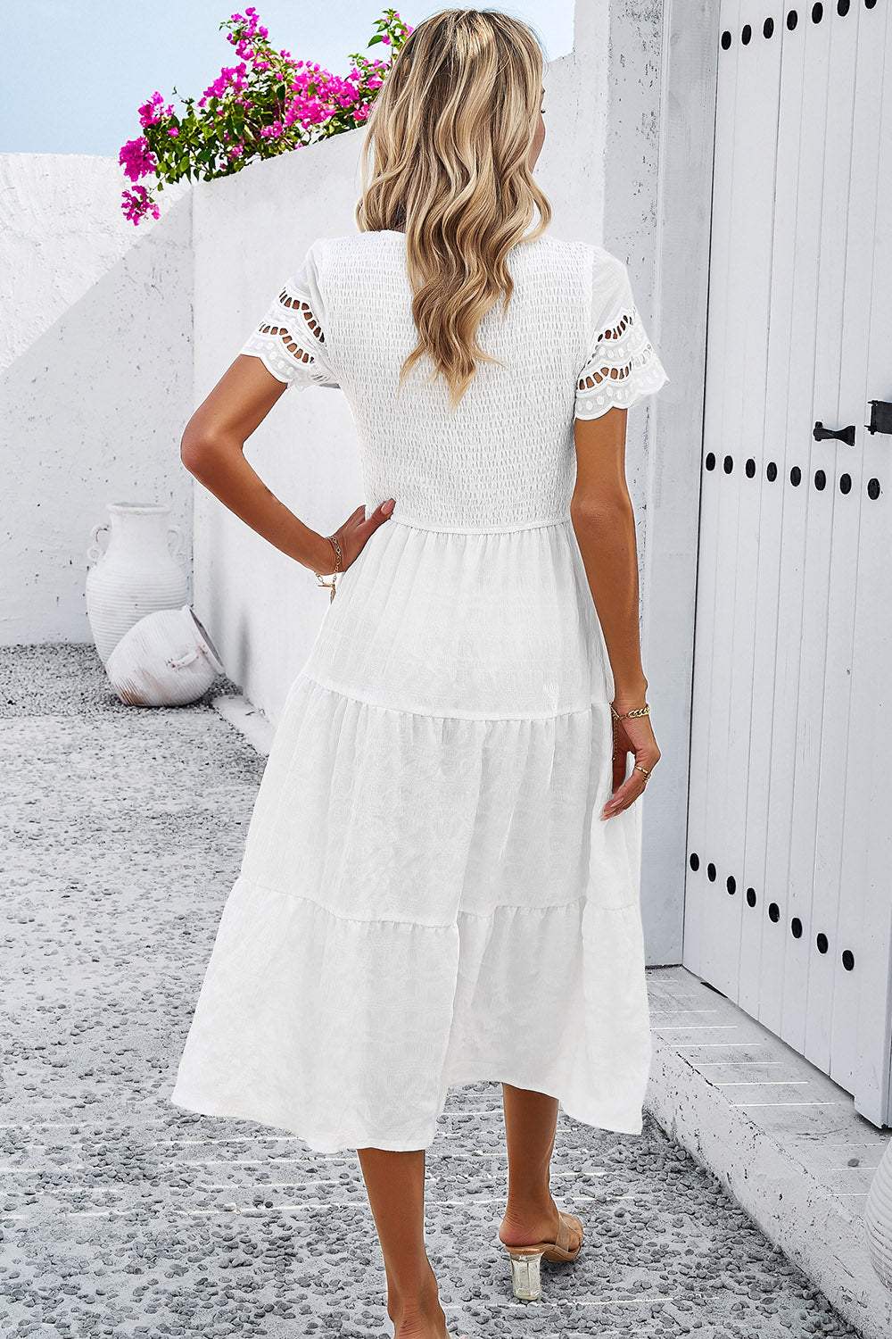 Smocked Round Neck Short Sleeve Midi Dress Casual Dresses - Tophatter Daily Deals